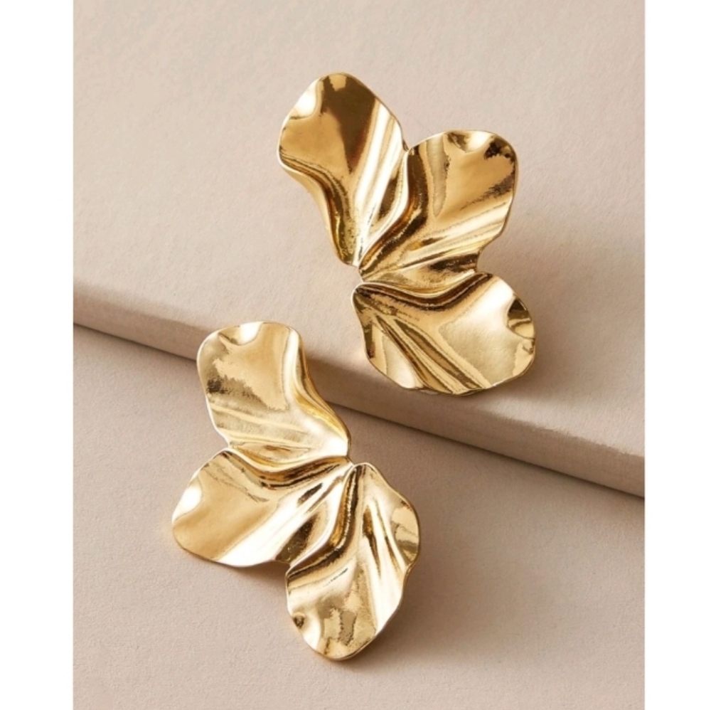 Anthropologie Sculpted Gold Petal Drop Earrings